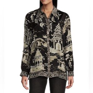 John Mark NWT Women’s Plus Black Tan Oriental Print Button Up Blouse Top - 0X